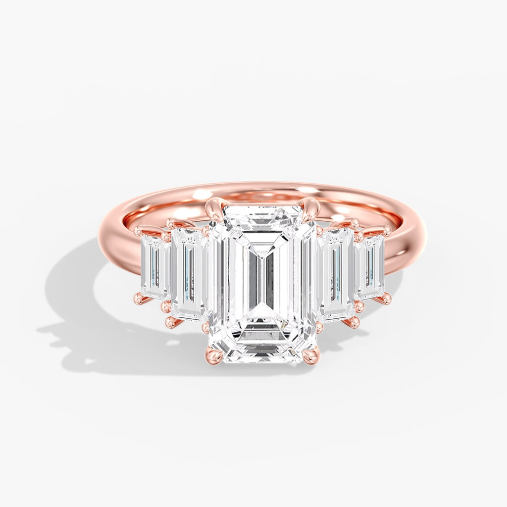 Rose Gold Modern 5 Stone Emerald Cut Diamond Ring Front View