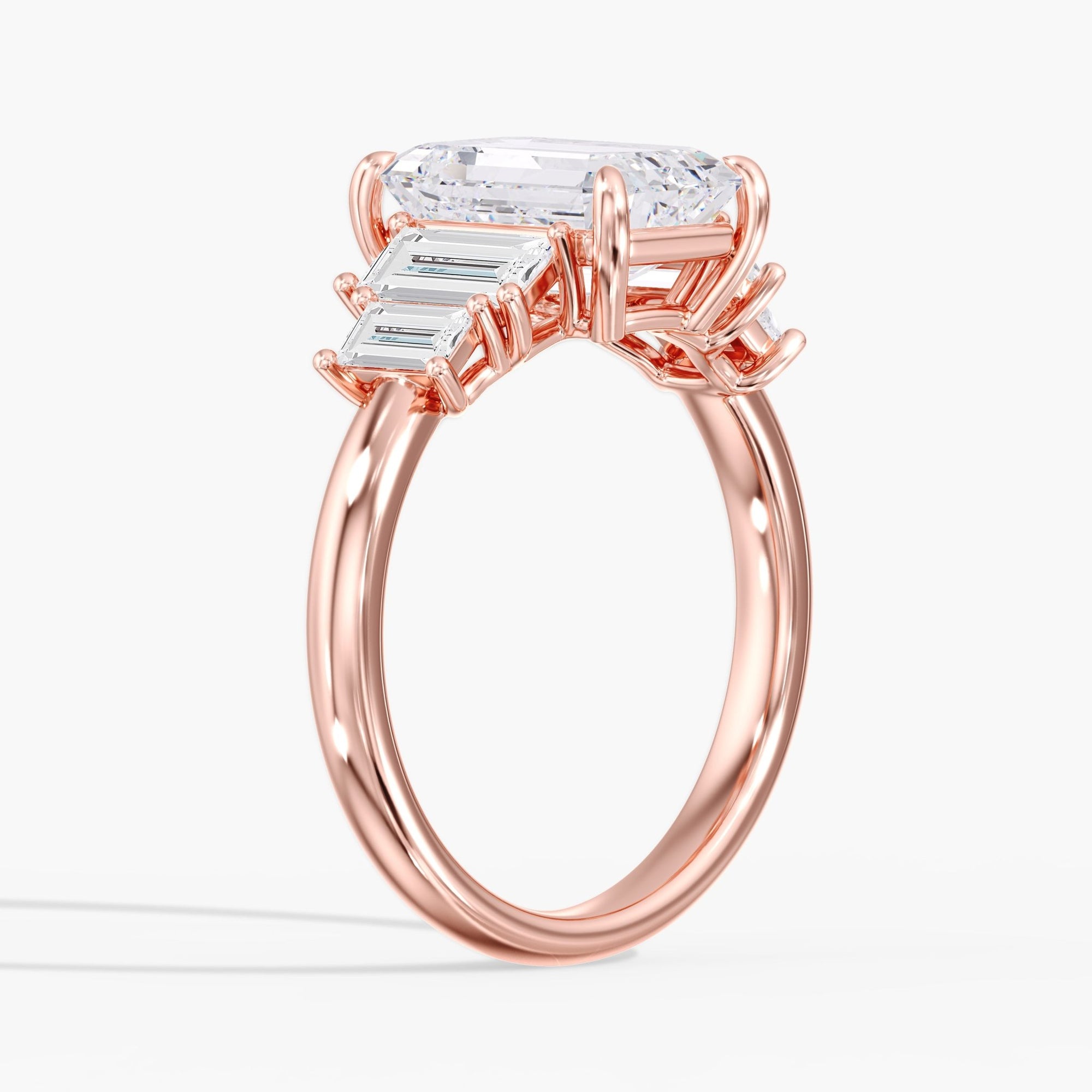 Rose Gold Modern 5 Stone Emerald Cut Diamond Ring Side Angle