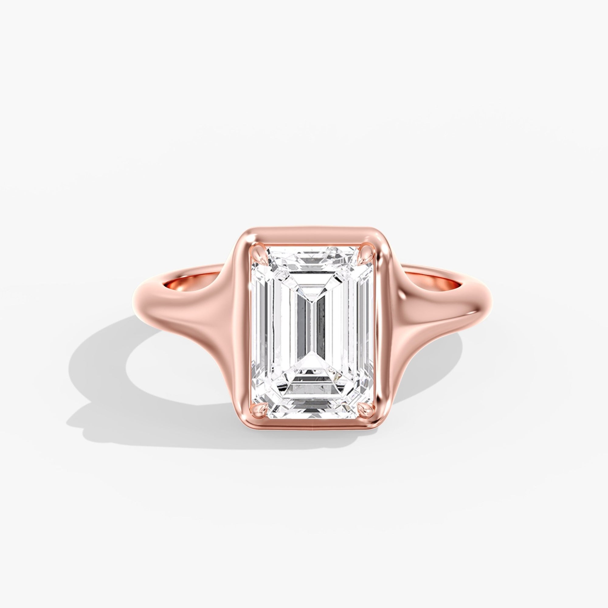 Rose Gold Modern Chunky Bezel Prong Emerald Cut Engagement Ring Front Angle