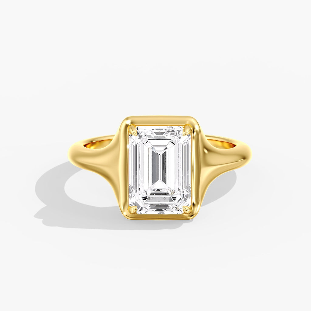 Yellow Gold Modern Chunky Bezel Prong Emerald Cut Engagement Ring Front Angle