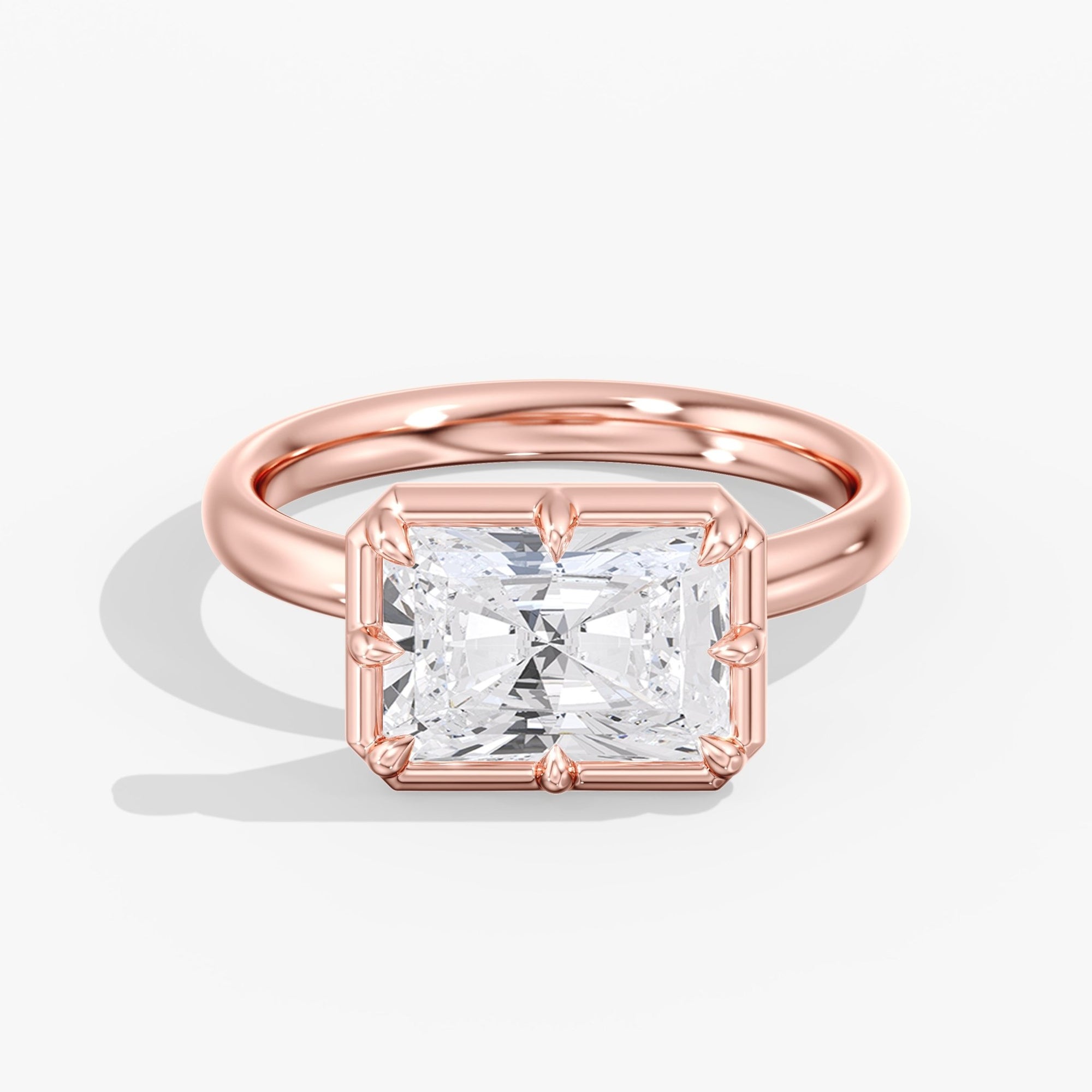Rose Gold Modern East West Radiant Diamond Bezel Ring Front View