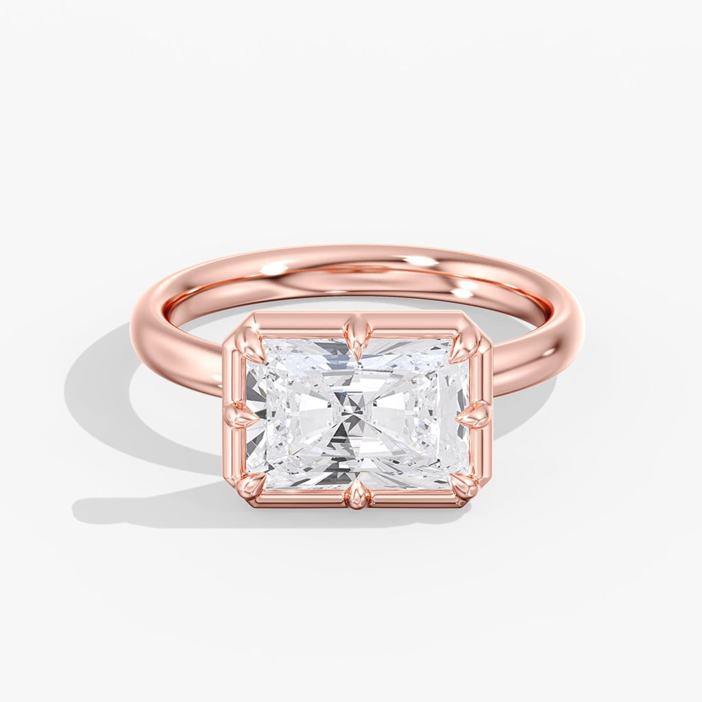 Rose Gold Modern East West Radiant Diamond Bezel Ring Front View