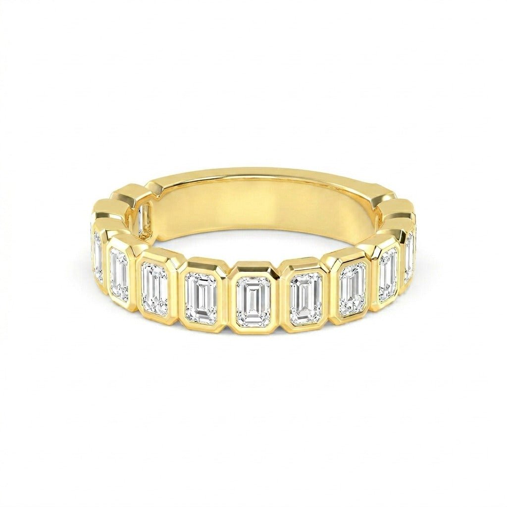 Yellow Gold Modern Emerald Bezel Diamond Band 