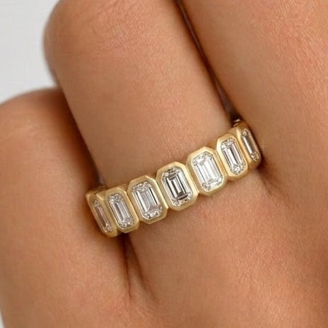 Modern Emerald Bezel Diamond Band On Hand 