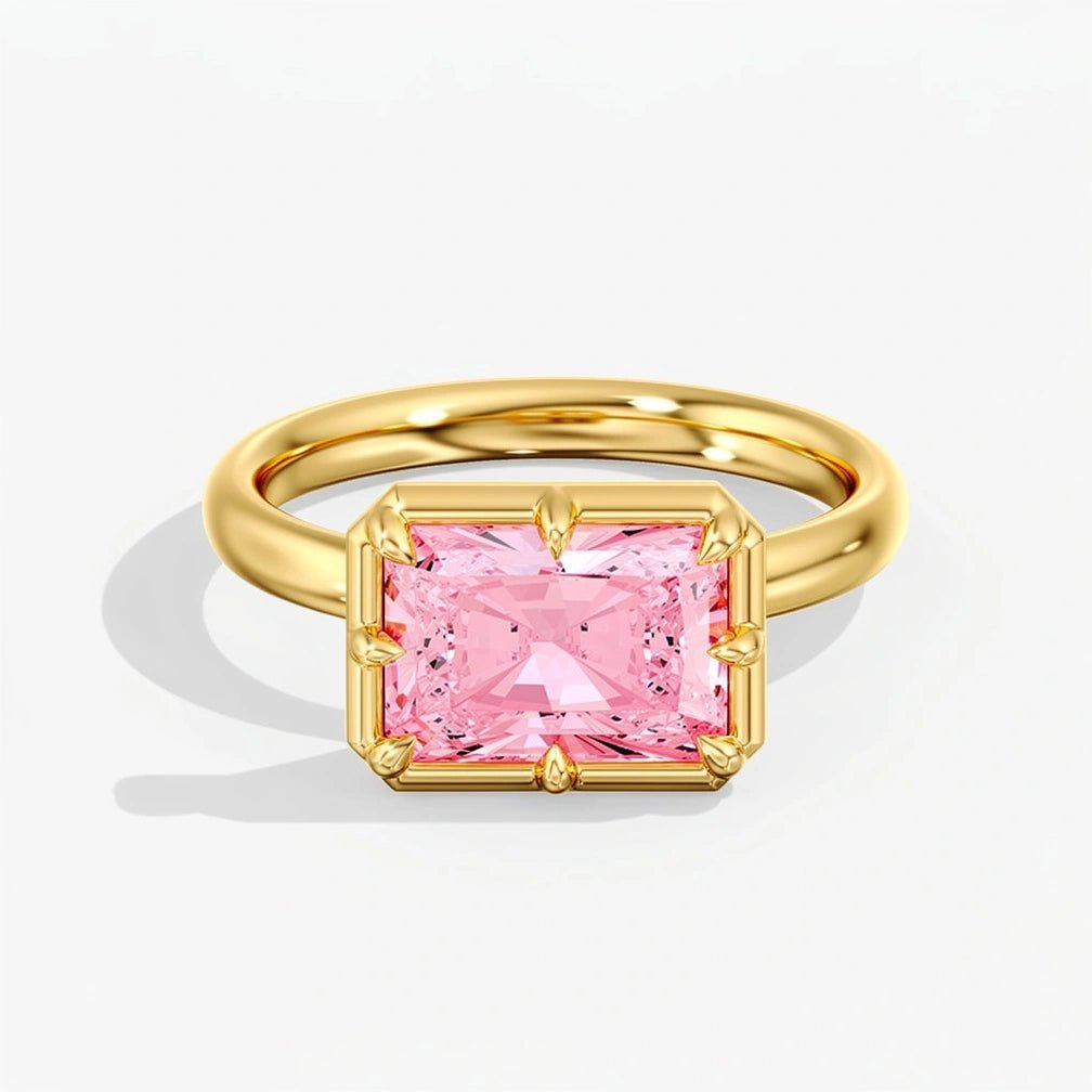 Modern Pink East West Radiant Cut Diamond Bezel Ring