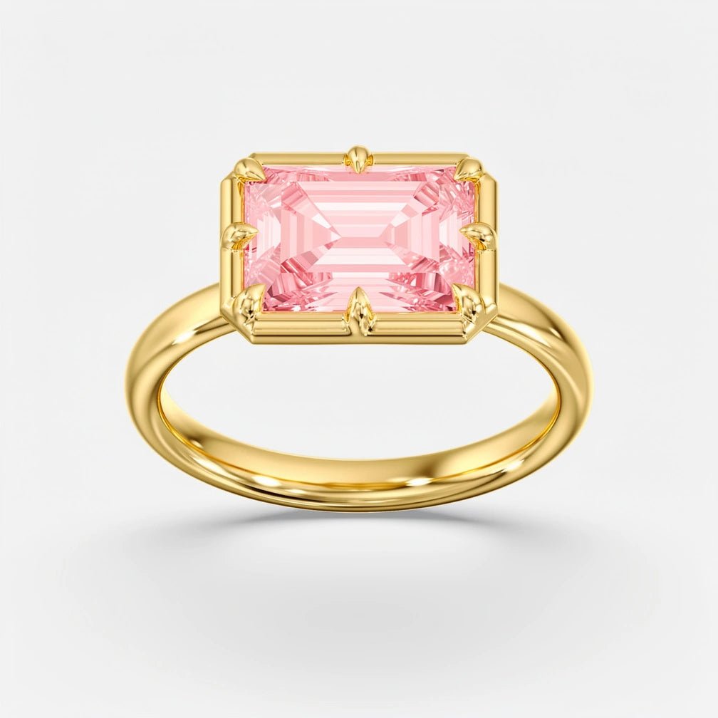 Modern Pink East West Radiant Cut Diamond Bezel Ring