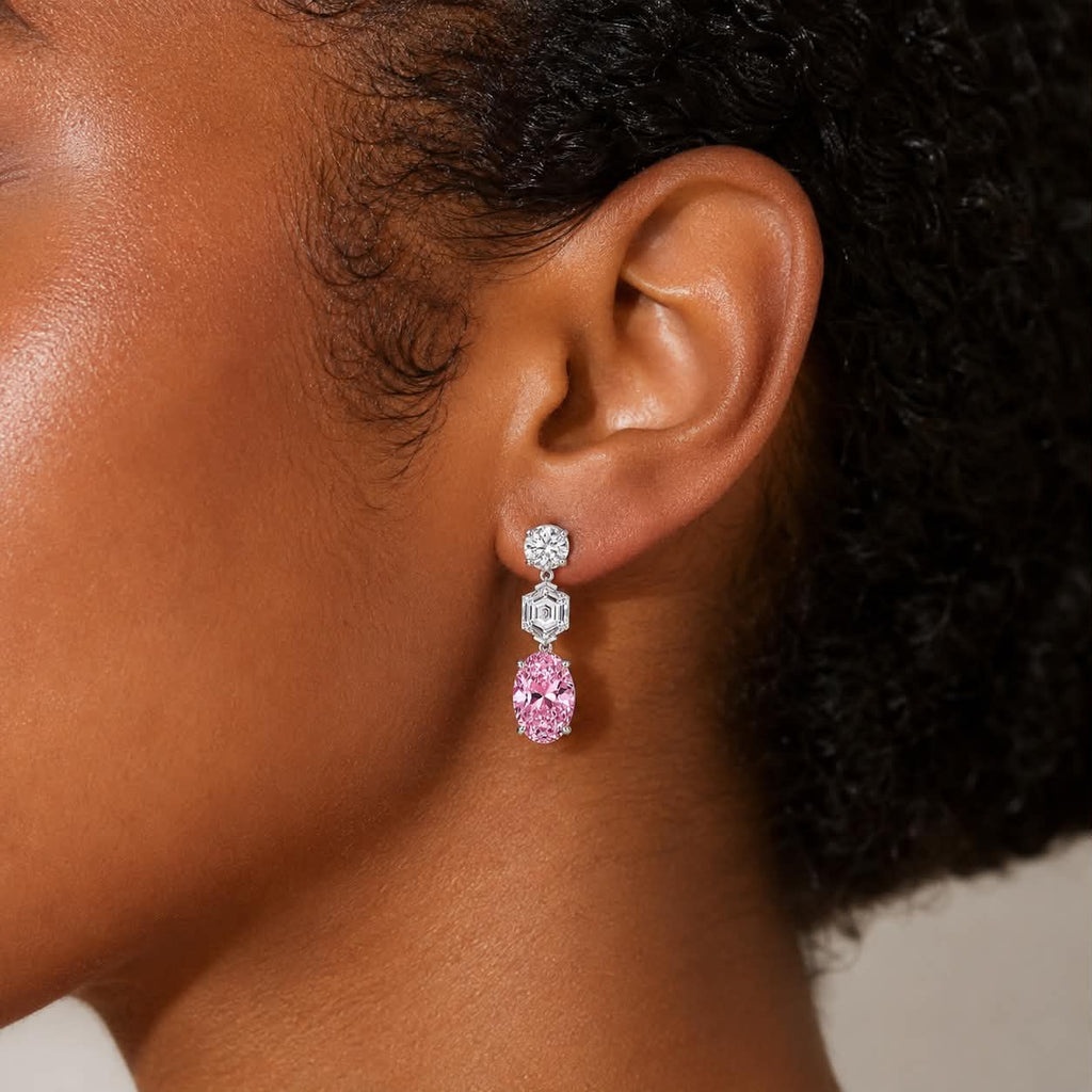 Modern Pink Oval Diamond Drop Earrings On Ear