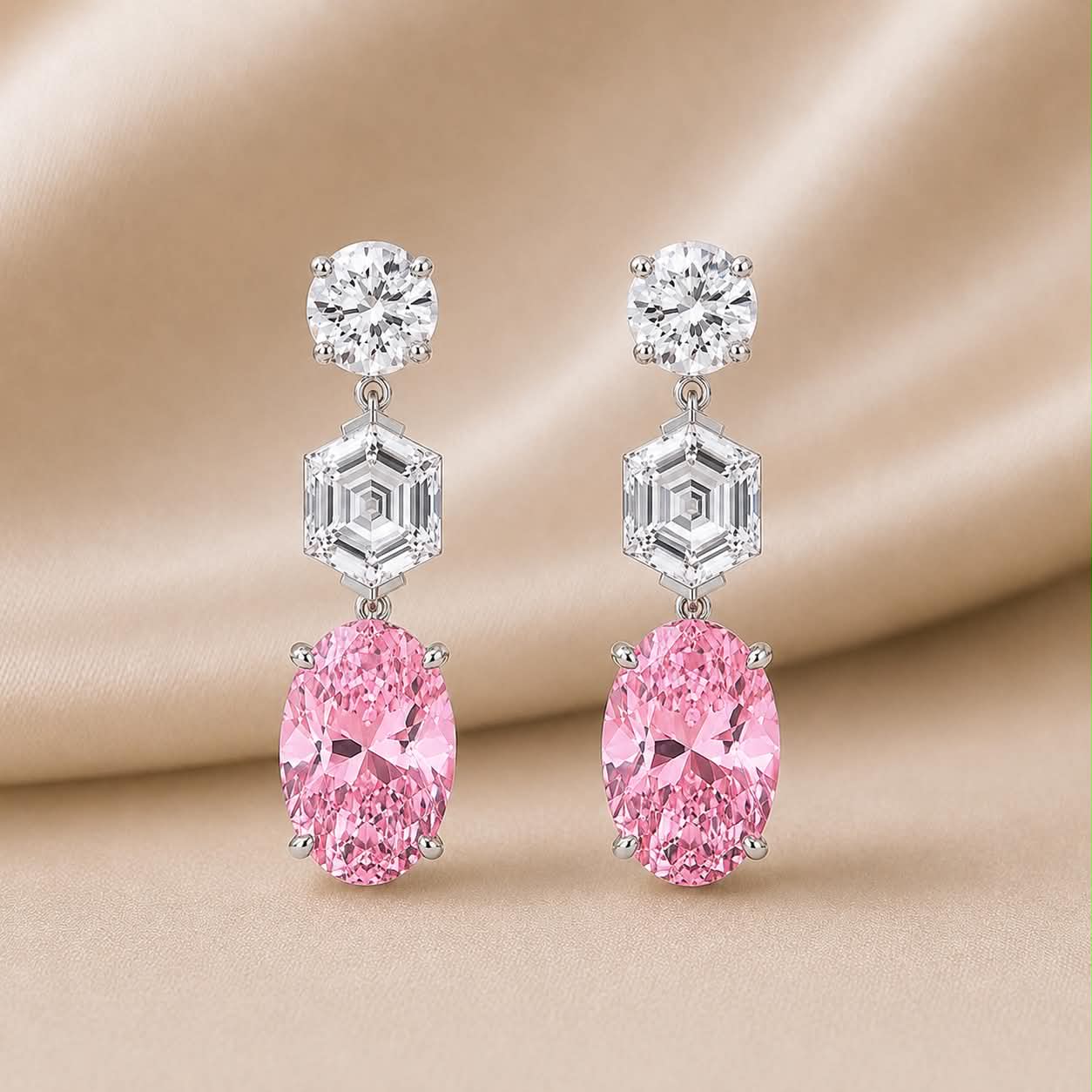 Modern Pink Oval Diamond Drop Earrings