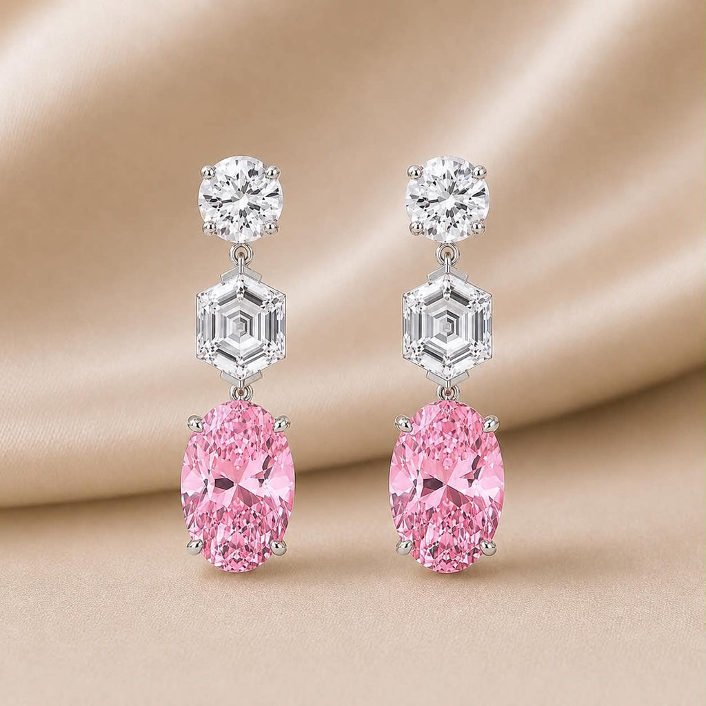 Modern Pink Oval Diamond Drop Earrings