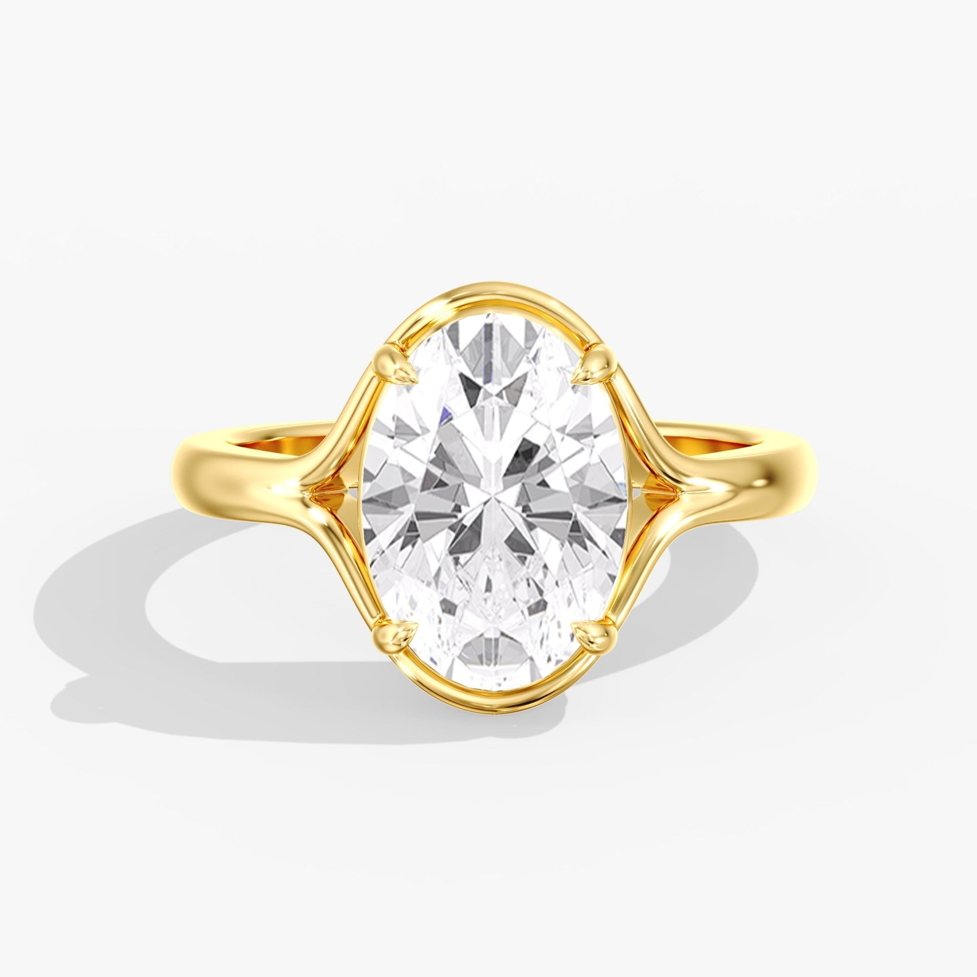 Yellow Gold Modern Unique Split Shank Oval Engagement Ring Front View
