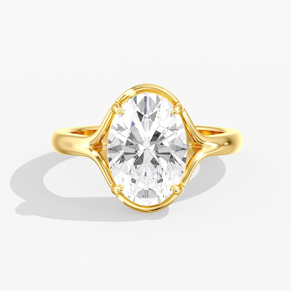 Yellow Gold Modern Unique Split Shank Oval Engagement Ring Front View