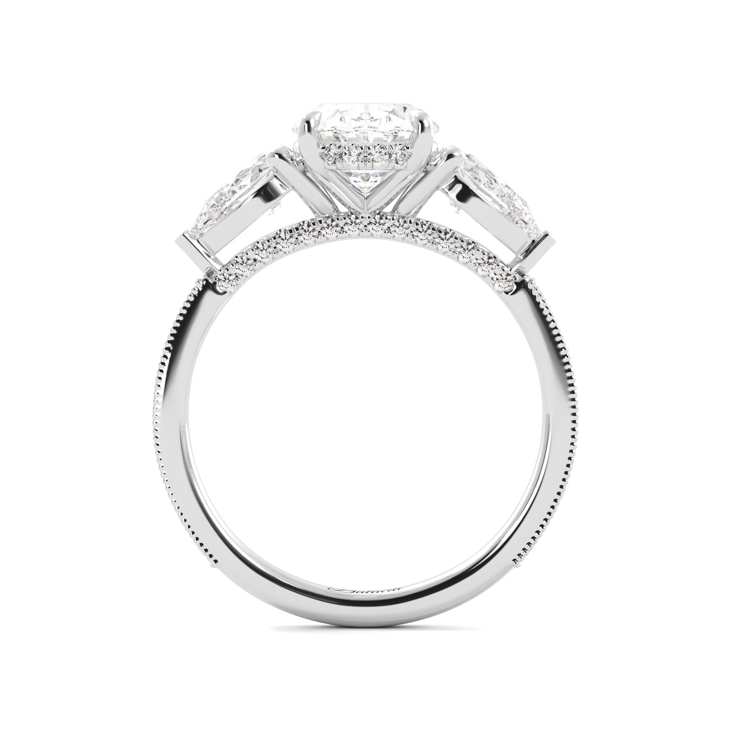 Oval 3 Stone Diamond Engagement Ring With Filigree And Milgrain