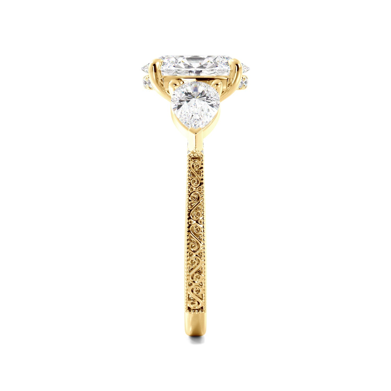 Oval 3 Stone Diamond Engagement Ring With Filigree And Milgrain