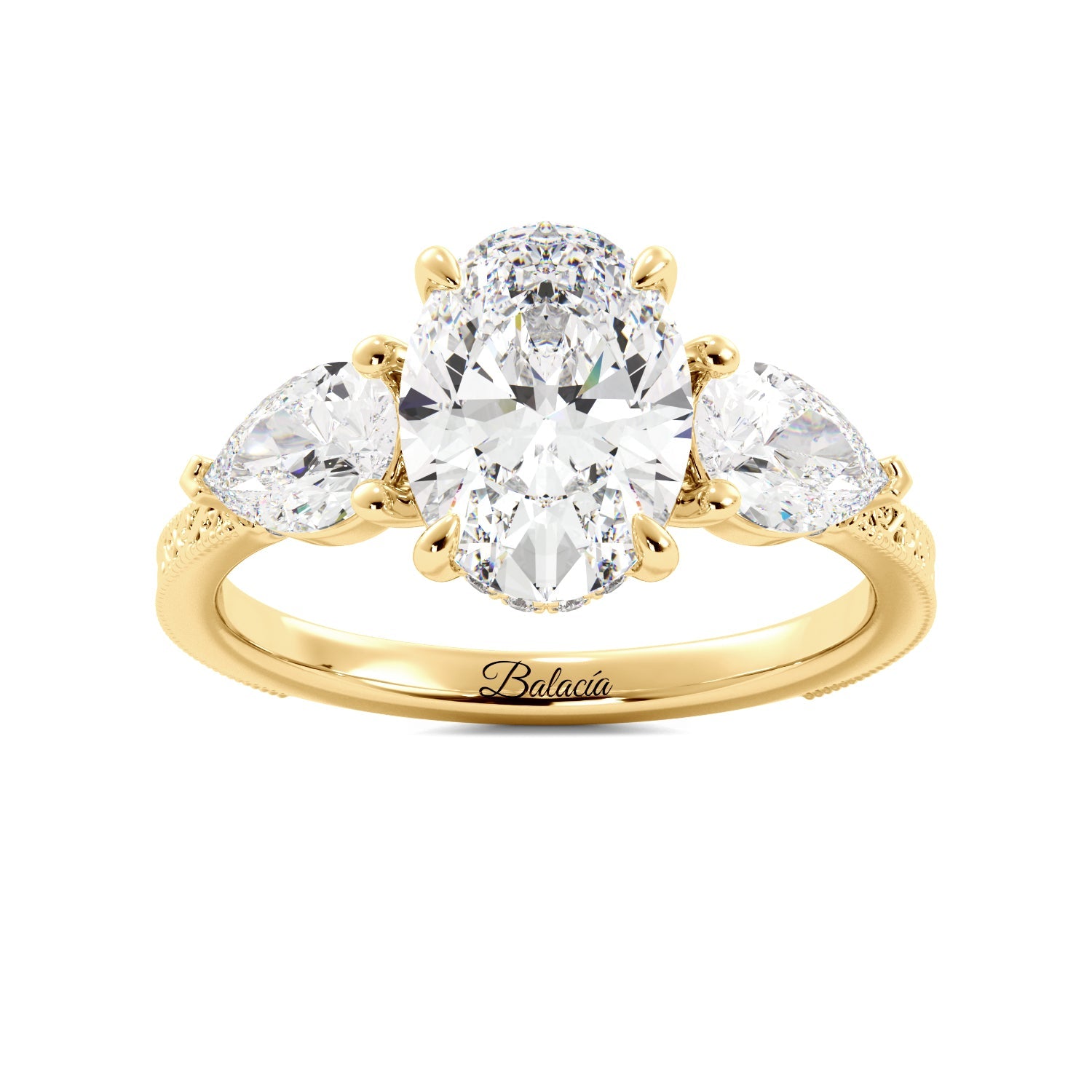 Oval 3 Stone Diamond Engagement Ring With Filigree And Milgrain