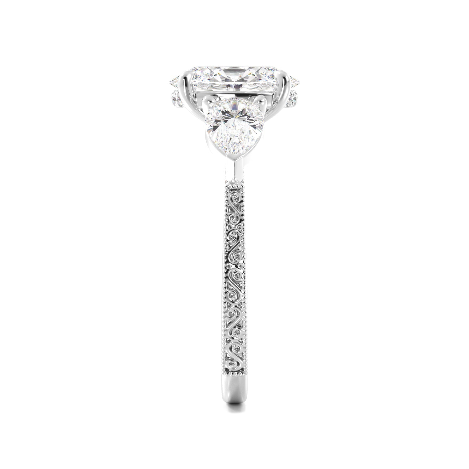 Oval 3 Stone Diamond Engagement Ring With Filigree And Milgrain