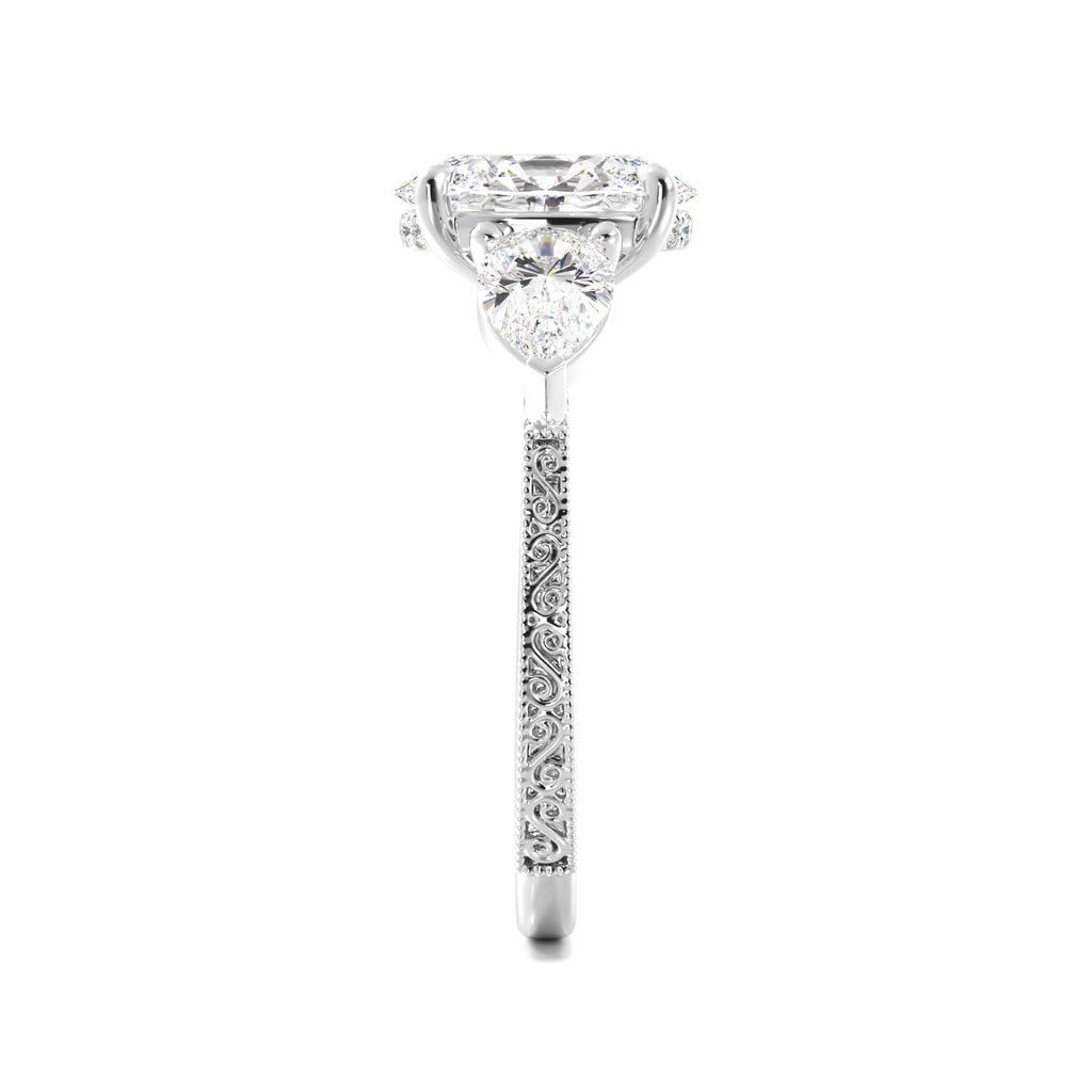 Oval 3 Stone Diamond Engagement Ring With Filigree And Milgrain