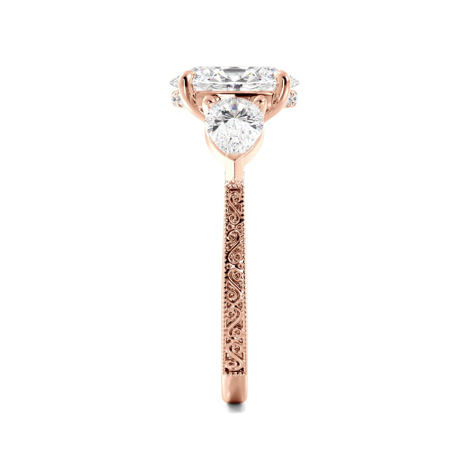 Oval 3 Stone Diamond Engagement Ring With Filigree And Milgrain