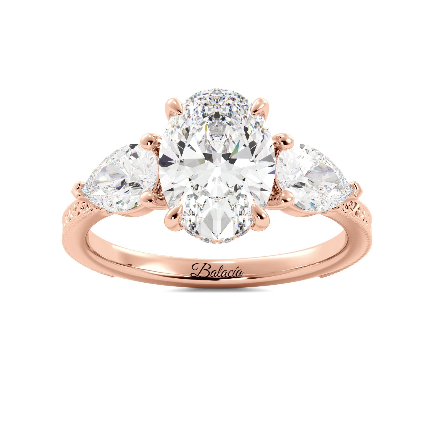 Oval 3 Stone Diamond Engagement Ring With Filigree And Milgrain