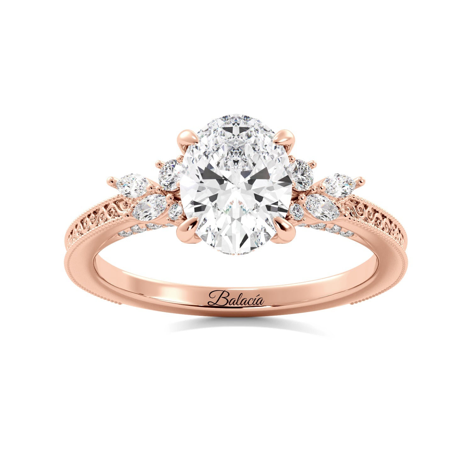 Oval Cluster Sides Filigree Milgrain Engagement Ring - Balacia