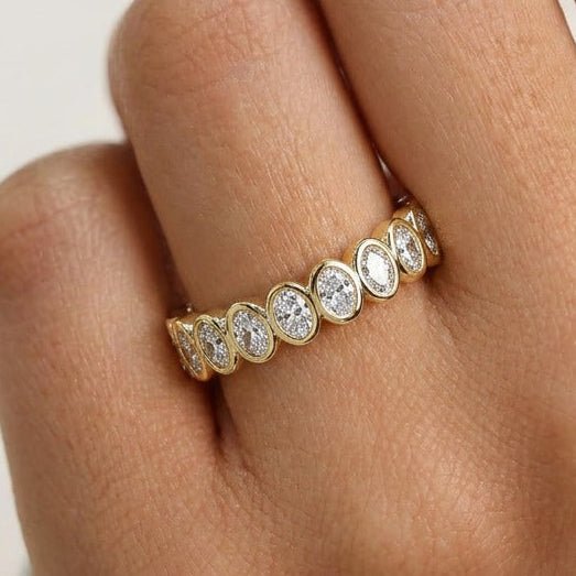 Oval Diamond Bezel Half Eternity Band On Hand 