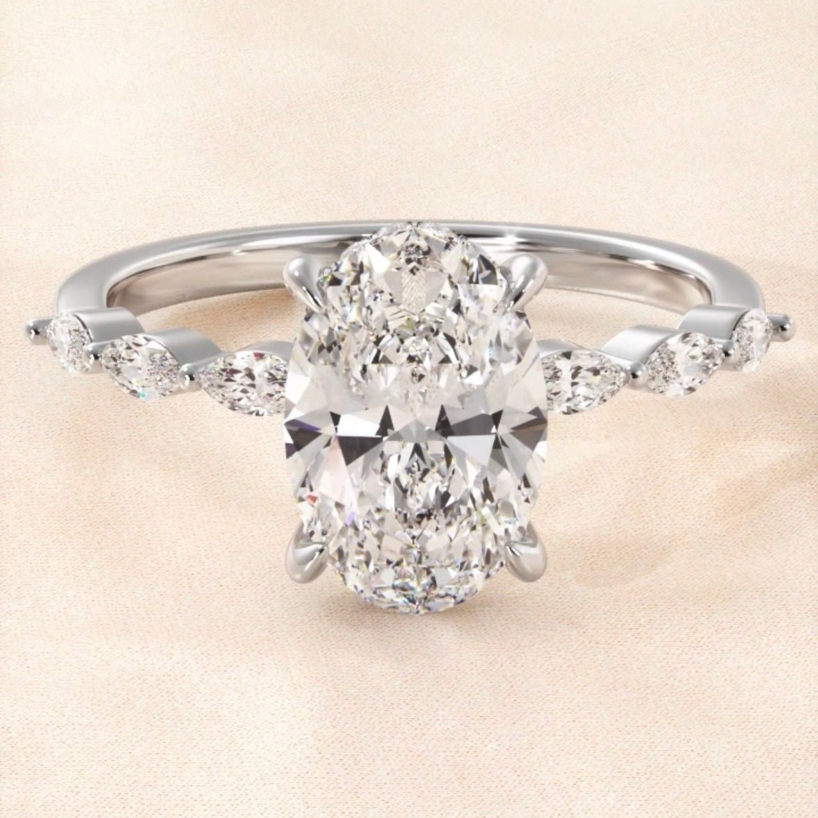 Oval Diamond with Marquise Sides dainty Engagement Ring 