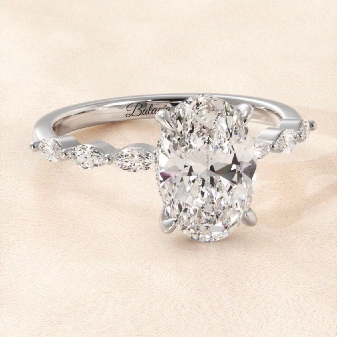 Oval Diamond with Marquise Sides Engagement Ring hidden halo
