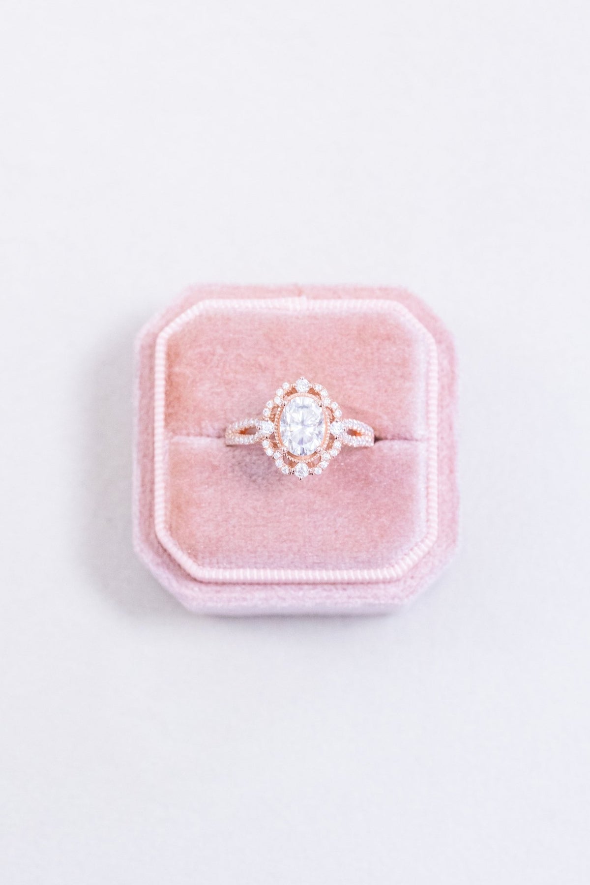 Oval Moissanite Engagement Ring Double Halo and Split Shank