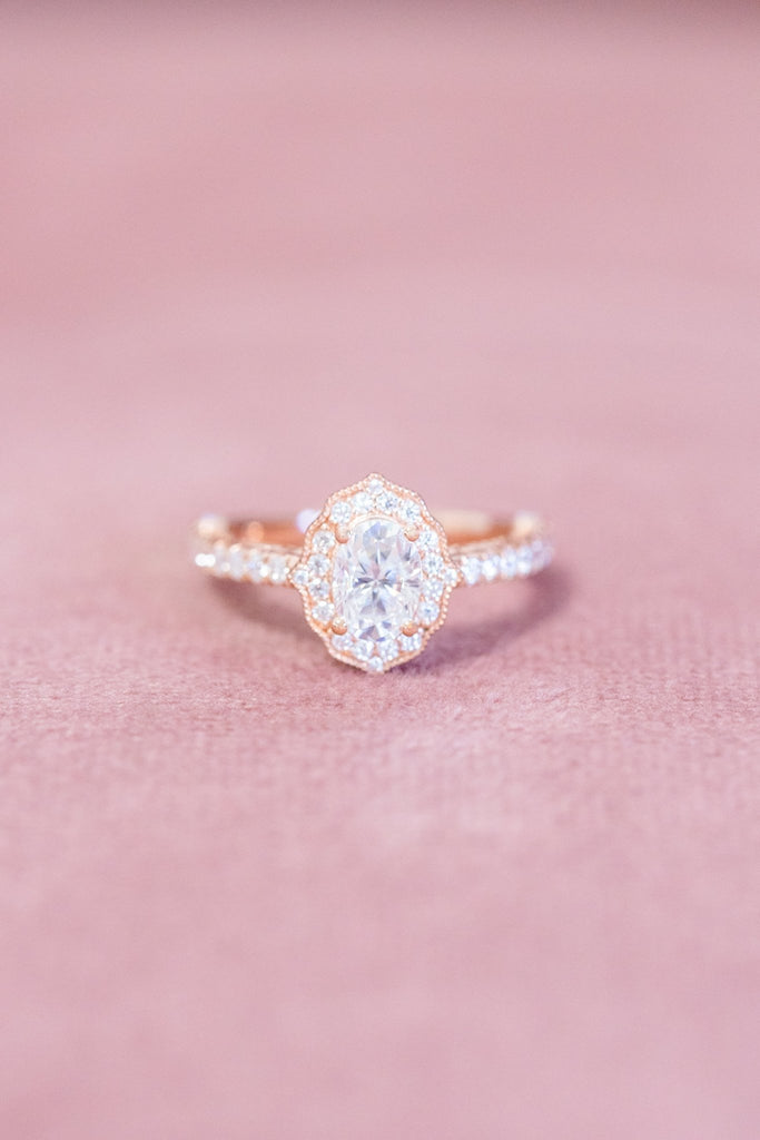 Oval Moissanite Engagement Ring Floral Halo - Balacia