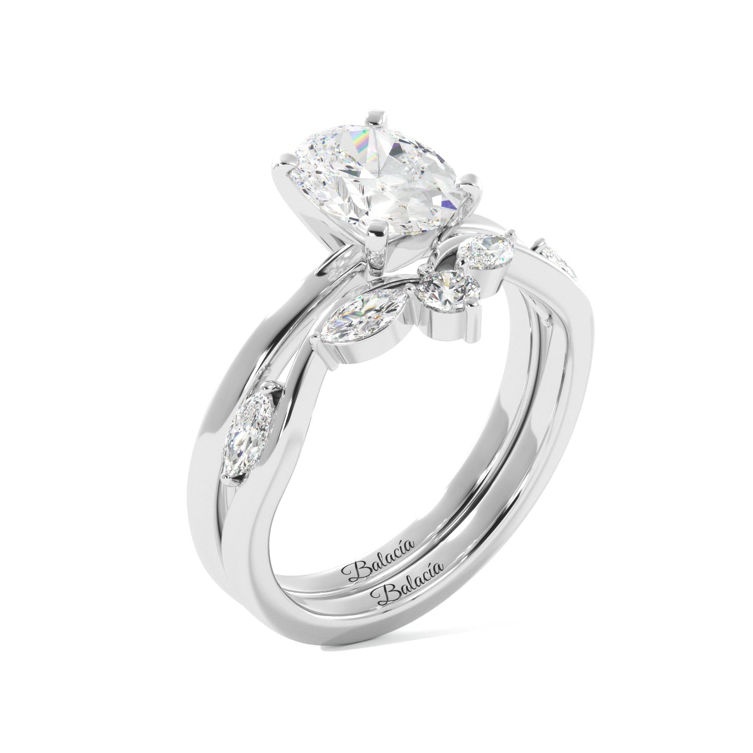 Oval Solitaire Ring Set with Marquise Floral Band - Balacia