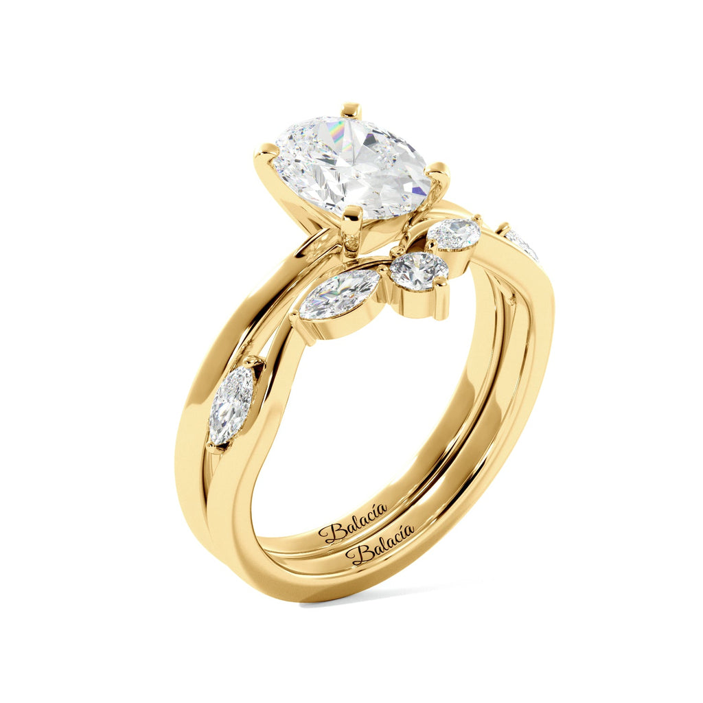 Oval Solitaire Ring Set with Marquise Floral Band - Balacia