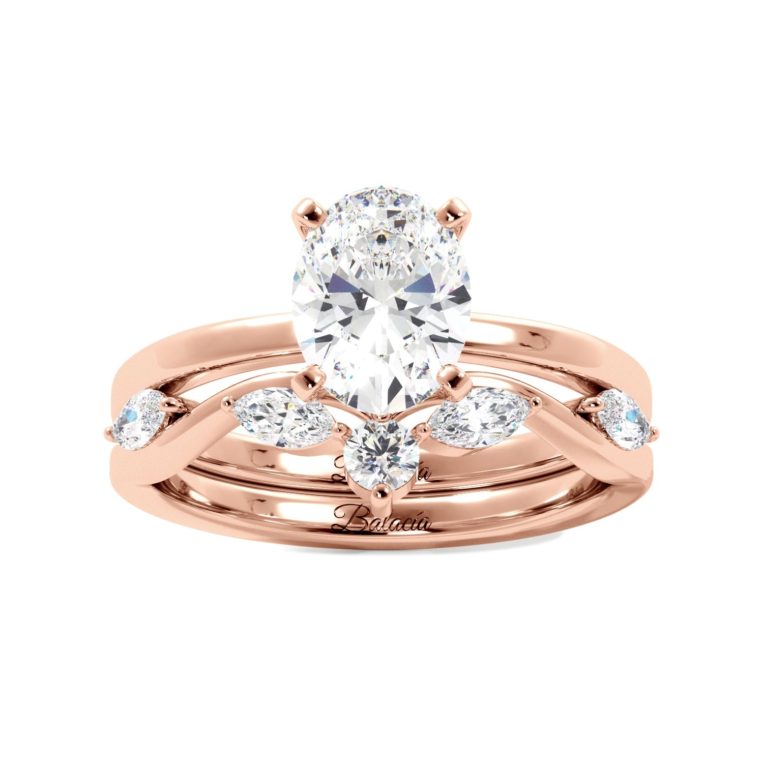 Oval Solitaire Ring Set with Marquise Floral Band - Balacia