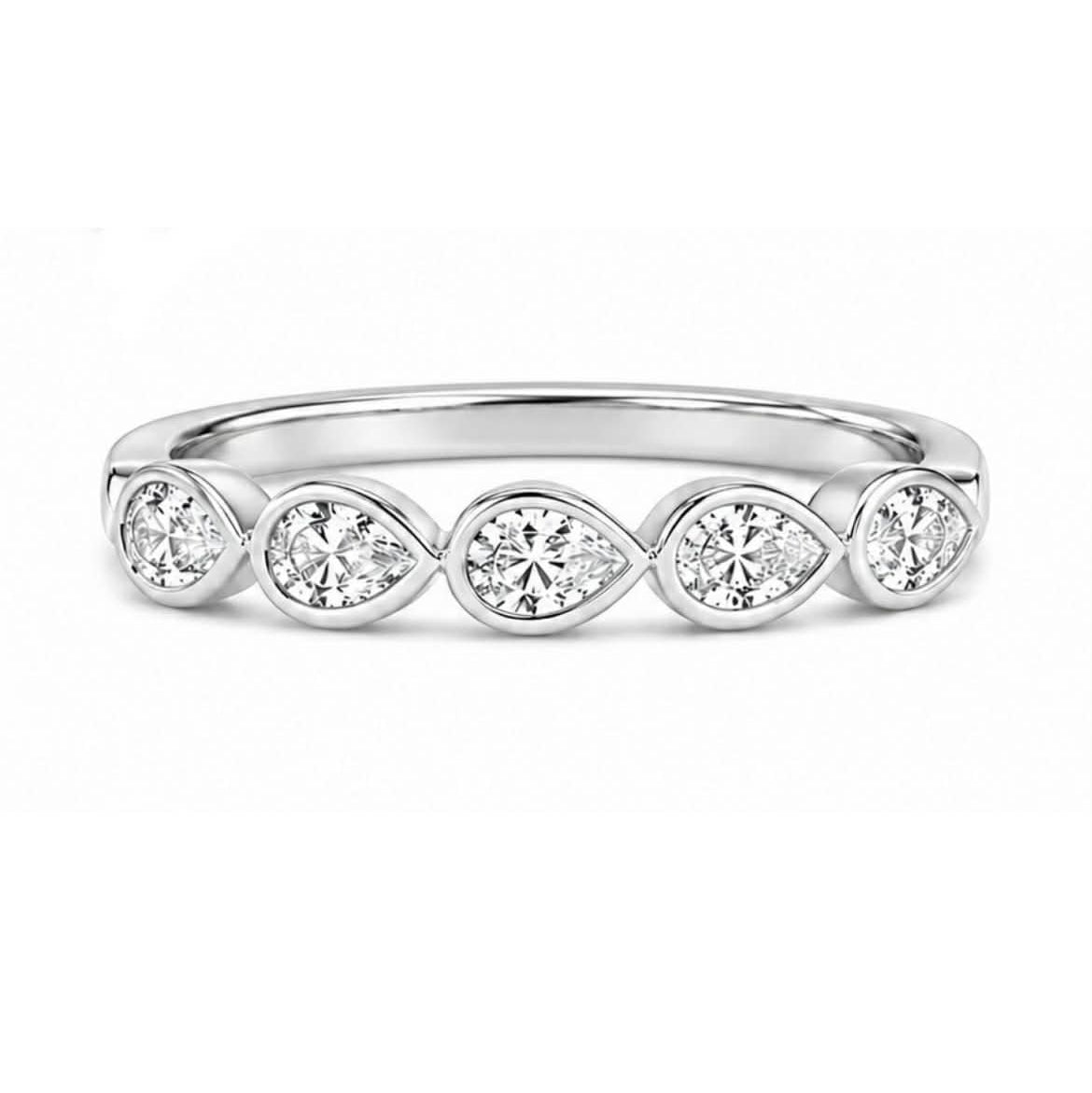 White Gold Pear Diamond Bezel Curved Wedding Band 