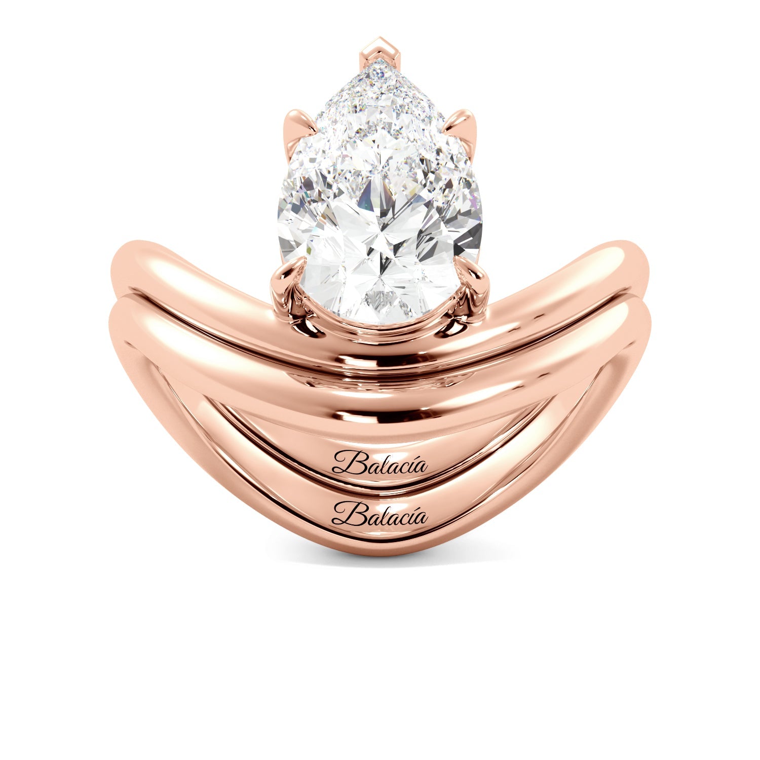 Rose Gold Pear Diamond Modern Curved Engagement Ring Set