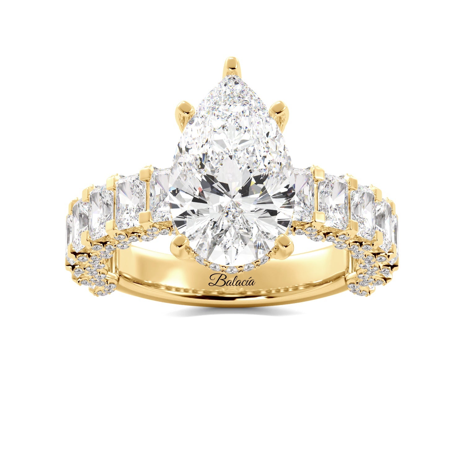 Pear Engagement Ring with Radiant Cut Side Diamonds Iced Out gold