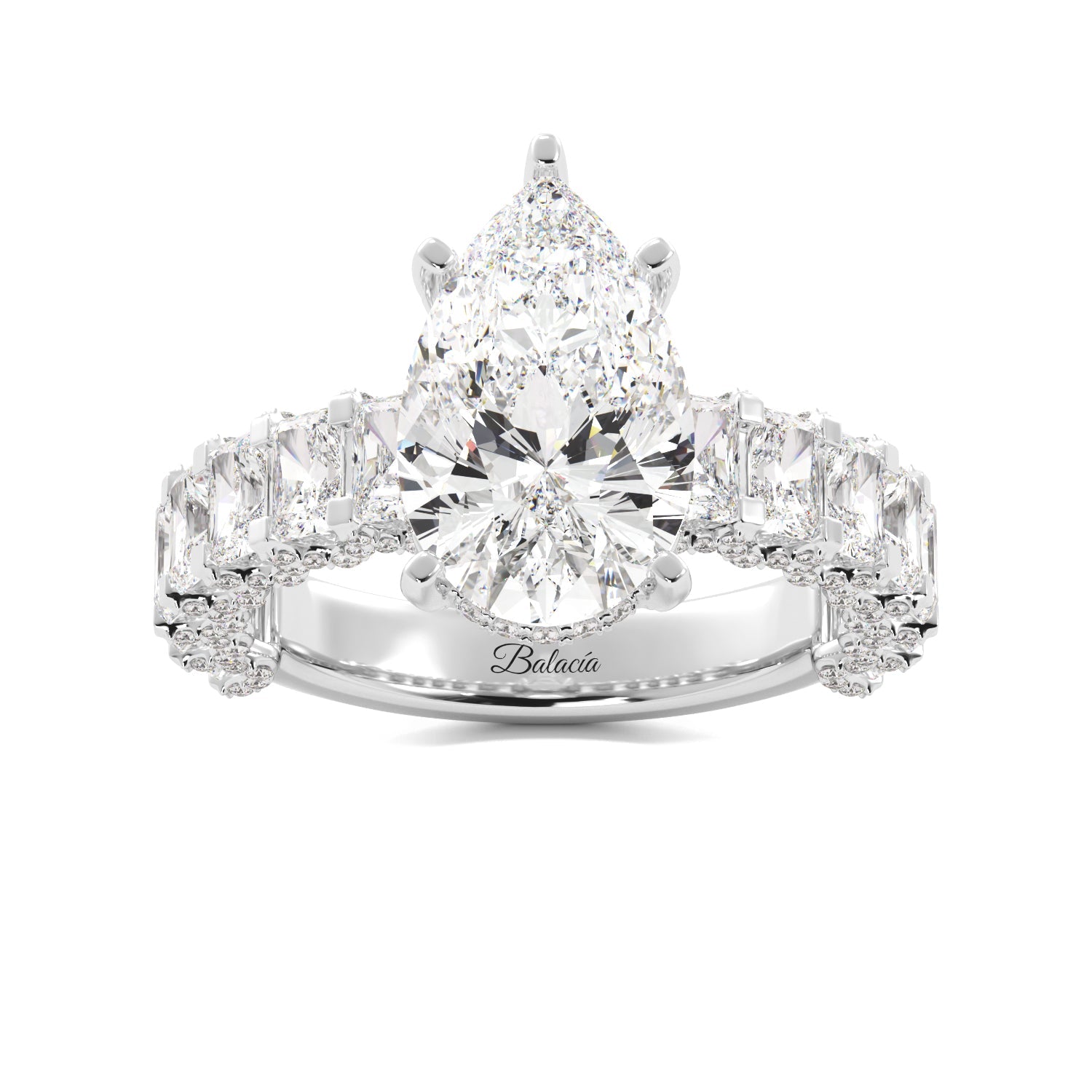 Pear Engagement Ring with Radiant Cut Side Diamonds Iced Out 
