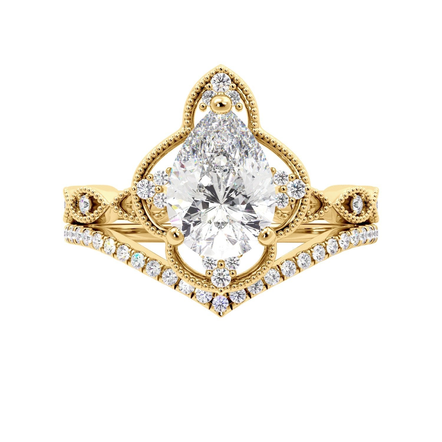 Pear Fancy Halo Milgrain Engagement Ring Set with Contour Band - Balacia