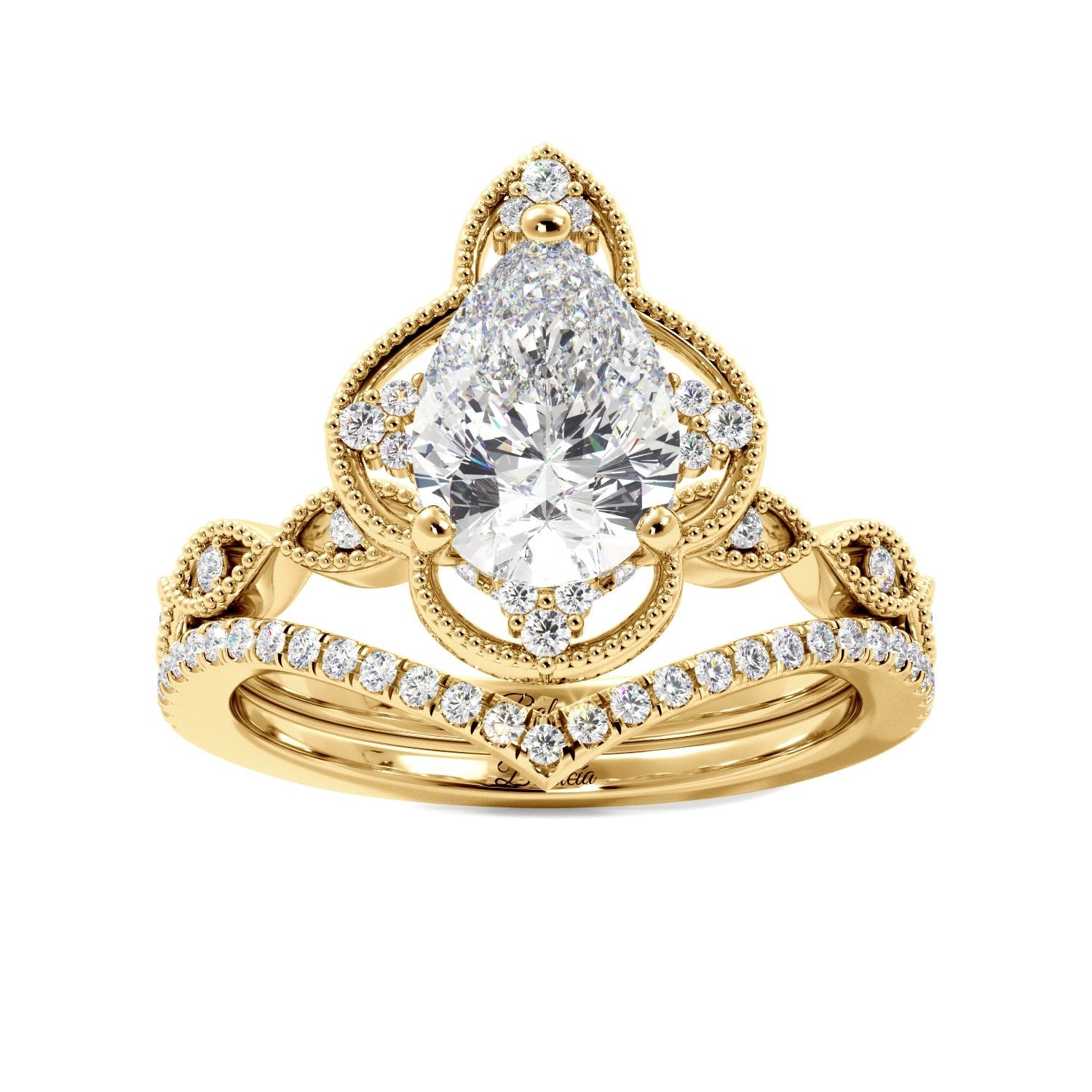 Pear Fancy Halo Milgrain Engagement Ring Set with Contour Band - Balacia