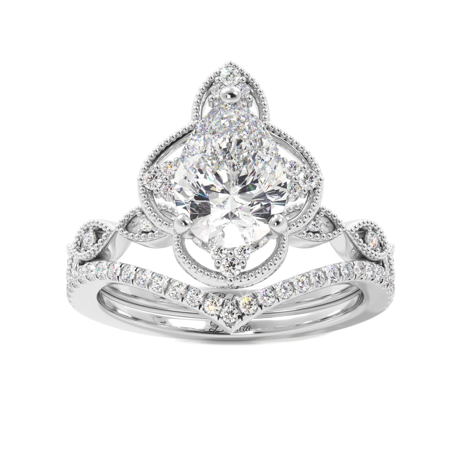 Pear Fancy Halo Milgrain Engagement Ring Set with Contour Band - Balacia