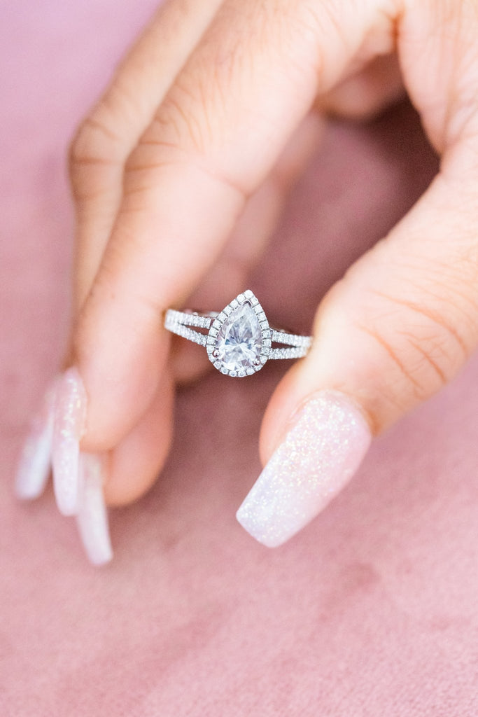 Pear Shaped Moissanite Engagement Ring Halo Split Shank - Balacia