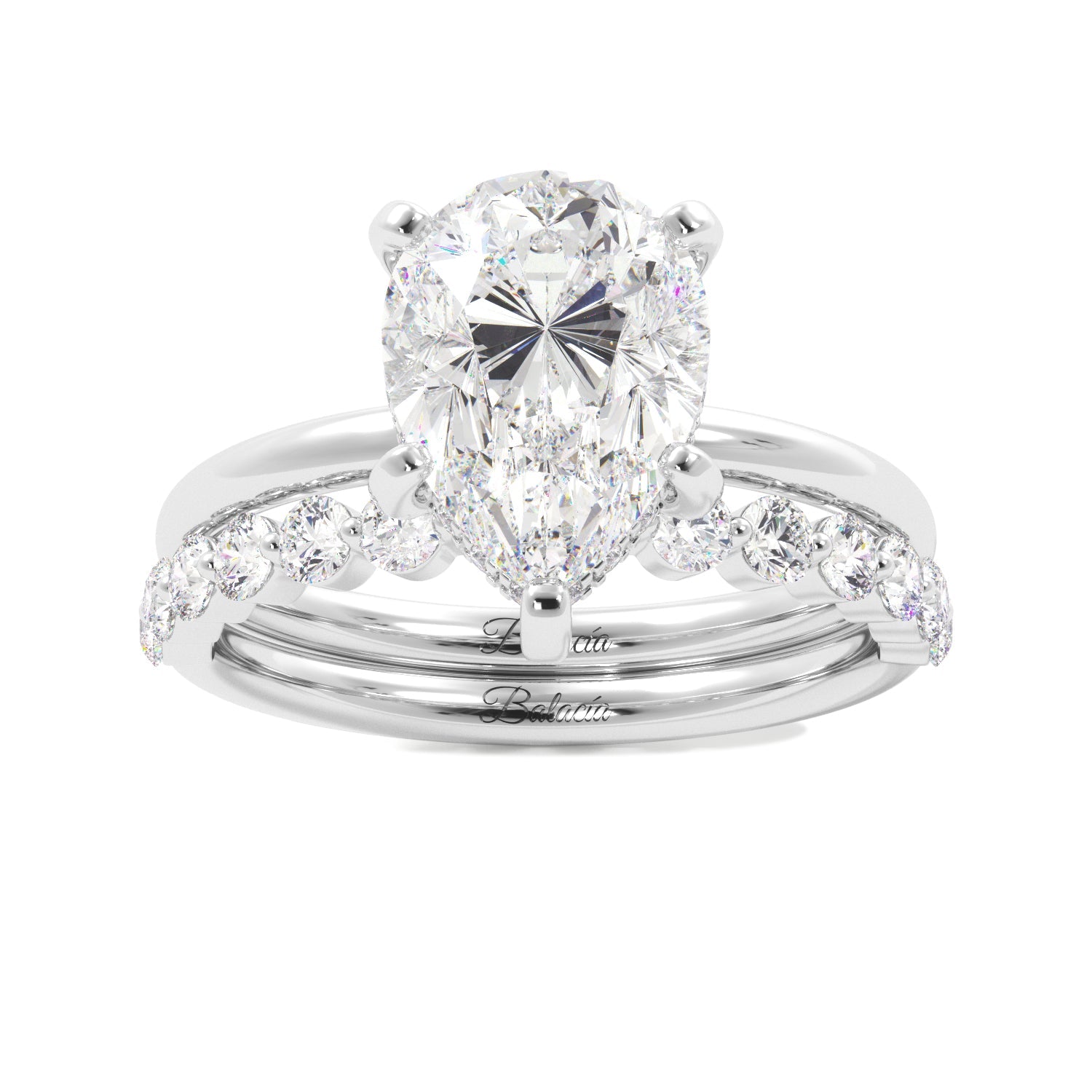 Pear Solitaire with Hidden Halo Engagement Ring Set - Balacia