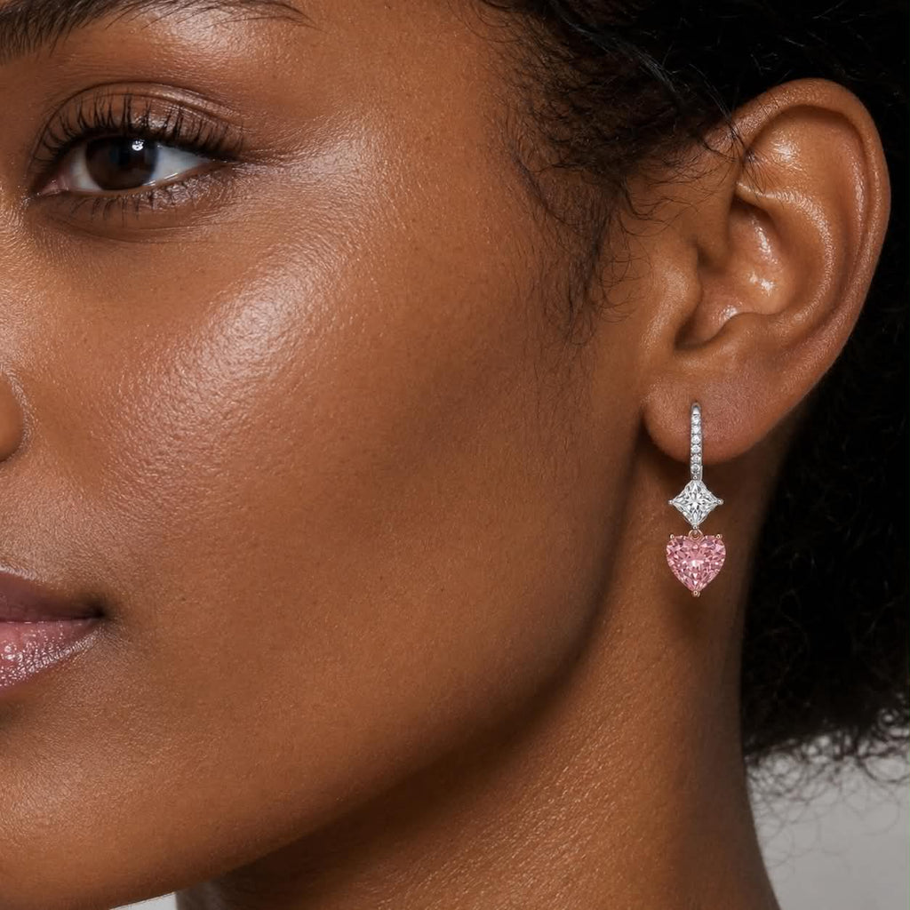Pink Heart Diamond Drop Earrings On Ear