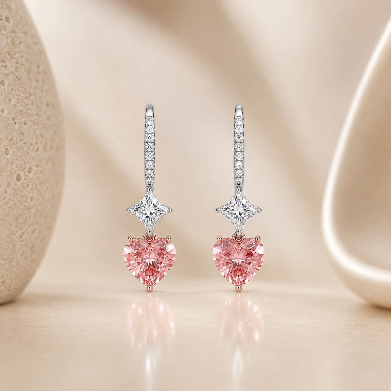 Pink Heart Diamond Drop Earrings