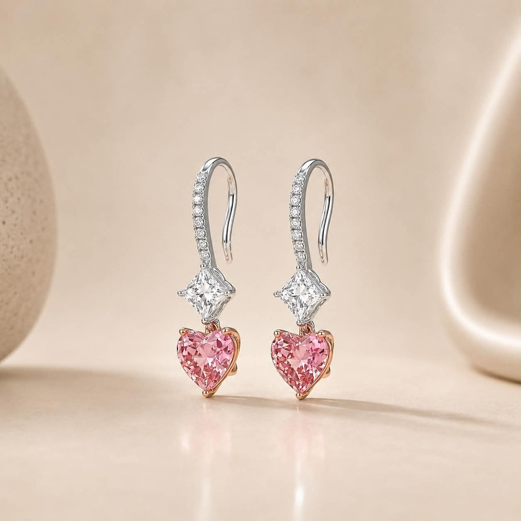 Pink Heart Diamond Drop Earrings Side