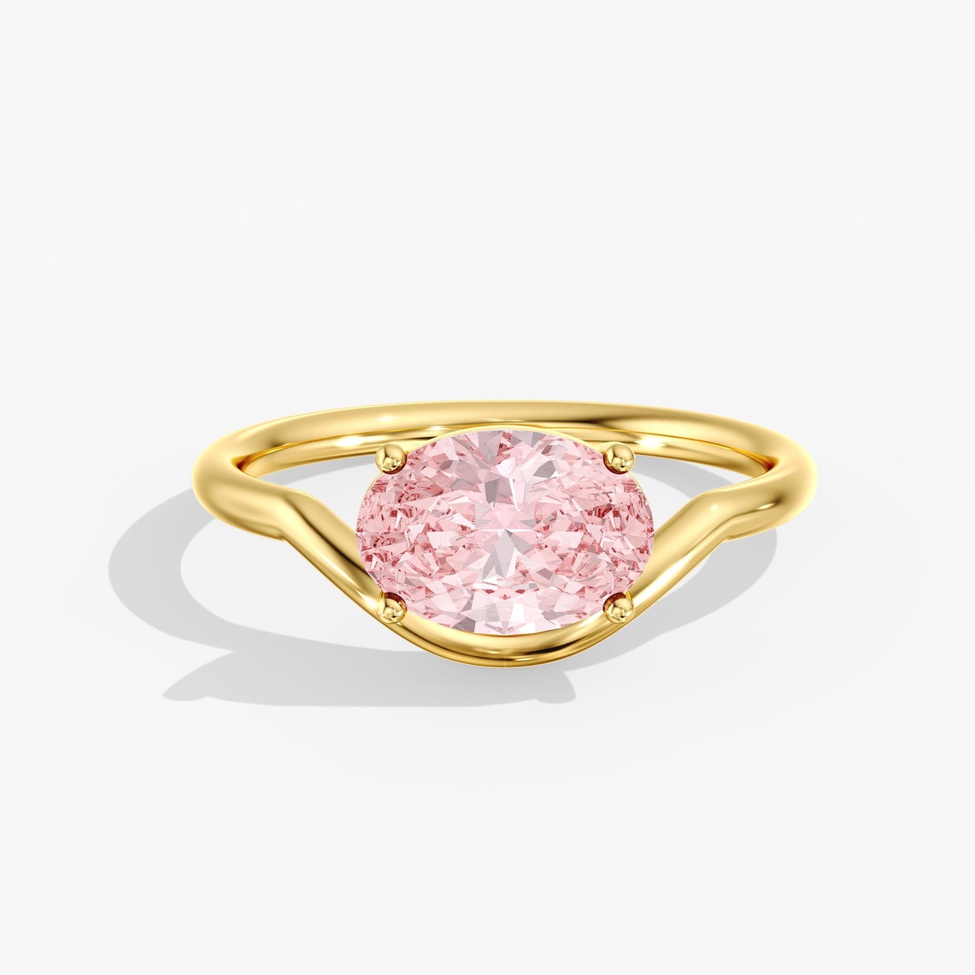 Yellow Gold Pink Oval Diamond East West Ring Front Angle
