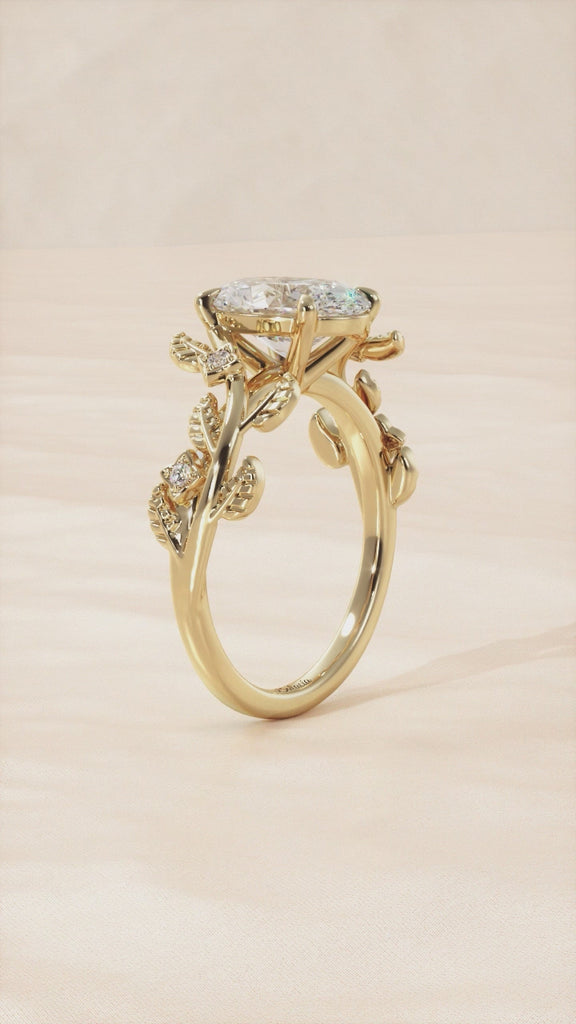 Gold Oval Diamond Leaf Vine Engagement Ring