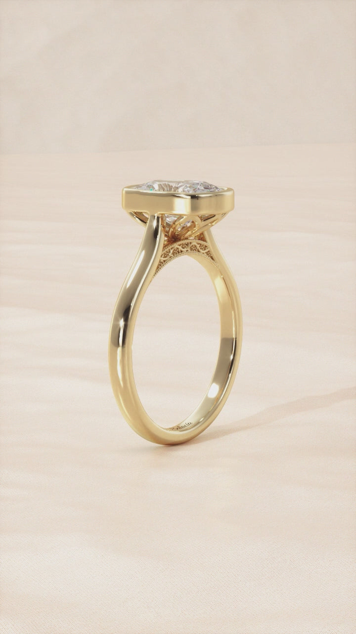Elongated Cushion Bezel Floral Filigree Engagement Ring Video