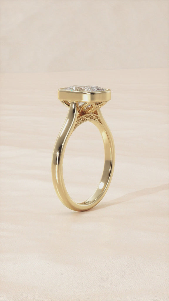 Elongated Cushion Bezel Floral Filigree Engagement Ring Video