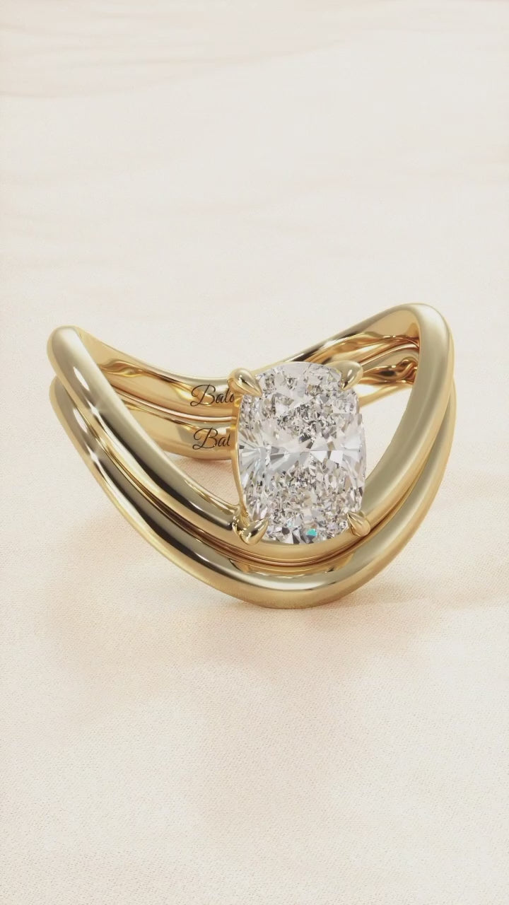 Gold Elongated Cushion Modern Curved Engagement Ring Set