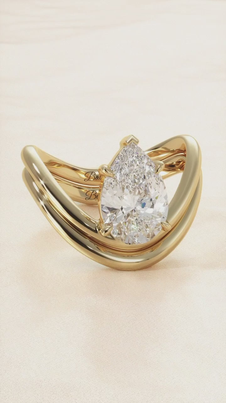 Gold Pear Diamond Modern Curved Engagement Ring Set
