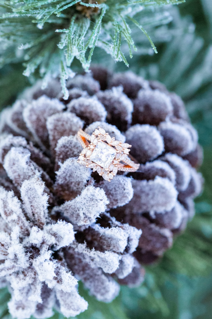 Princess Cut Lab Diamond Split Pavé Floral Halo Engagement Ring - Balacia